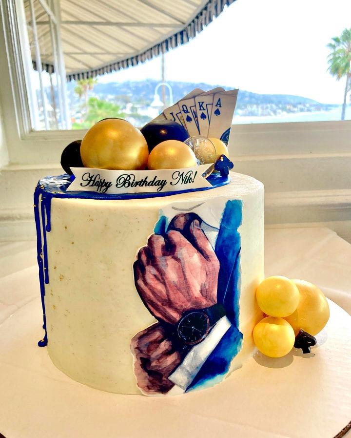 Fancy Blue And Gold Birthday Cake