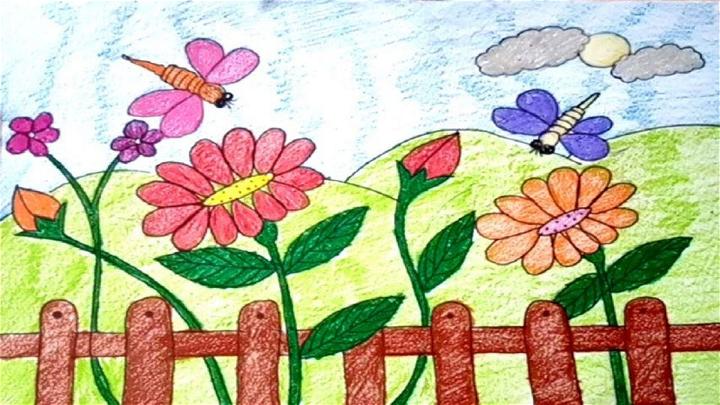 How to draw easy scenery  Flower garden scenery drawing  Spring season  scenery  YouTube