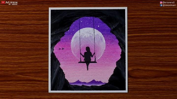 Girl on Swing in Moonlight Drawing with Oil Pastels