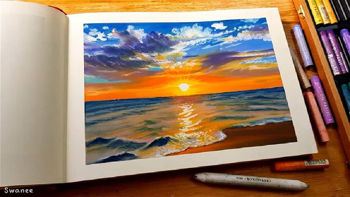 Drawing Sunset Riverside landscape with oil pastel Swanee art step by step