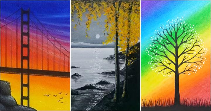 Scenery in circle | Colorful drawings, Drawing scenery, Oil pastel