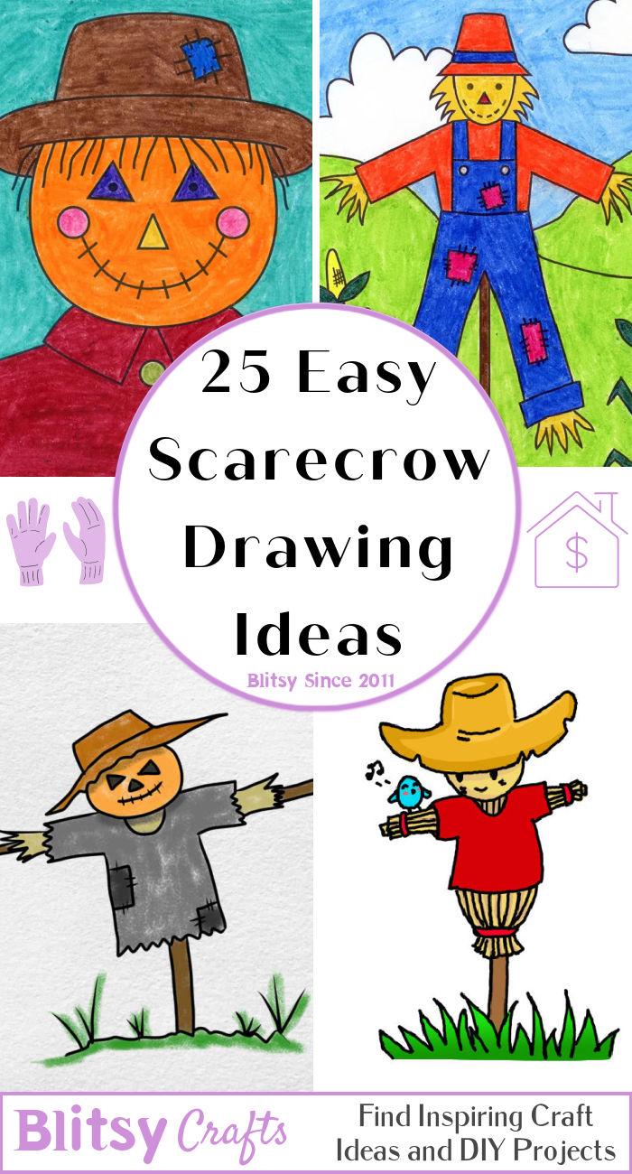 Learn how to draw a scarecrow with these 25 easy scarecrow drawing ideas with step by step simple sketch outline, printables and coloring pages.