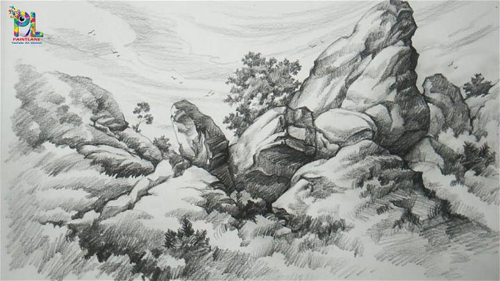 Big Rocks in a Landscape with Pencil Drawing