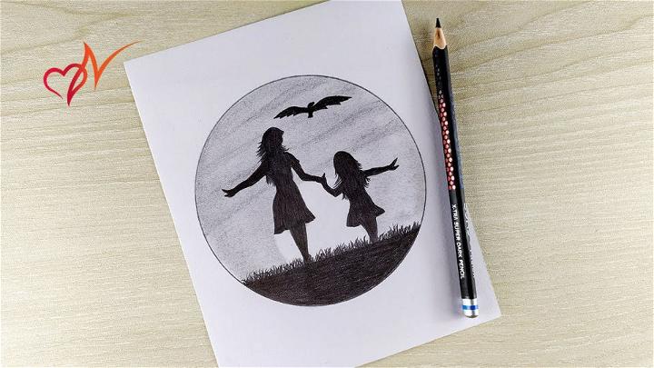 Happy Mother and Daughter Silhouette Drawing