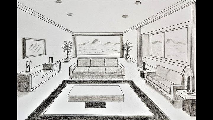 OnePoint Perspective Drawing  Room Interior  Meghnaunnicom