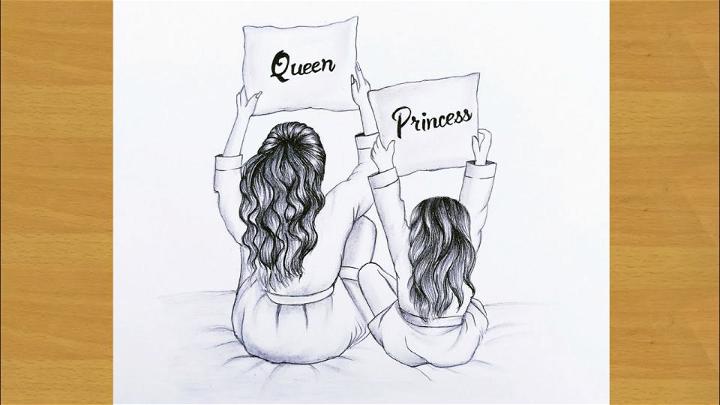 Mother and Daughter Drawing With Queen and Princess Pillow