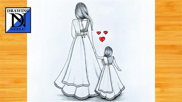 Mother and Daughter Holding Hands Drawing
