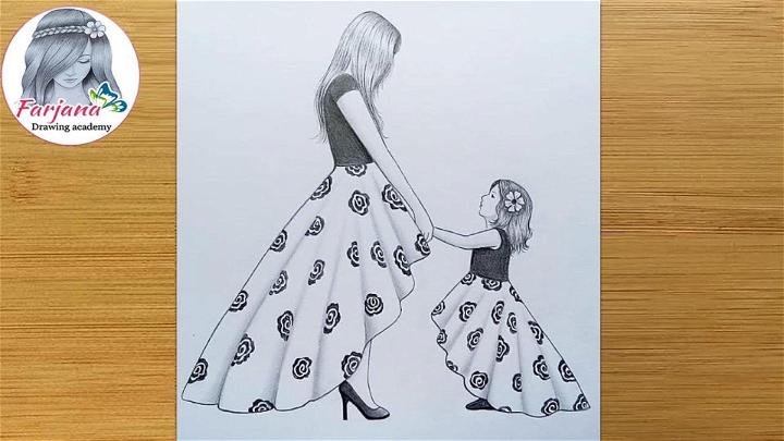Pencil Sketch Mother and Daughter Drawing