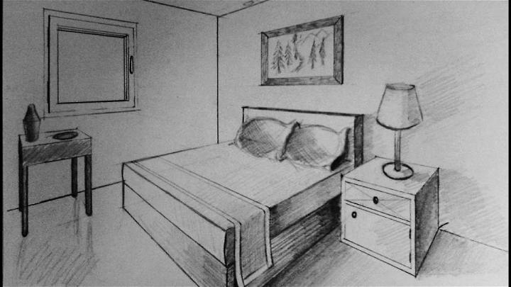 Two Point Perspective Bedroom Drawing
