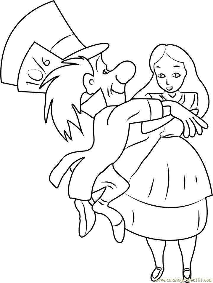 Alice in Wonderland with Mad Hatter Coloring Page