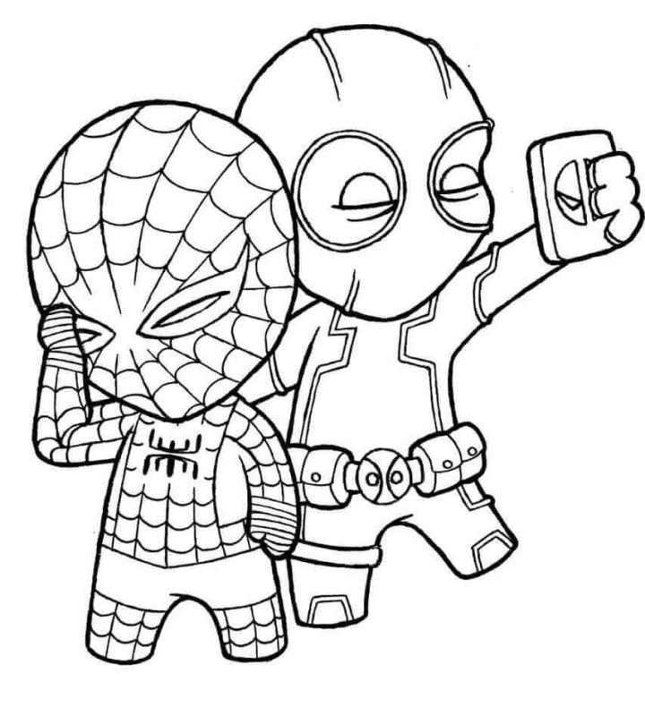 Cute Deadpool and Spiderman Coloring Page