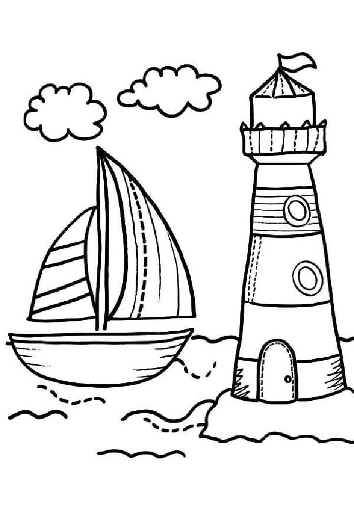 Lighthouse and Boat Coloring Page