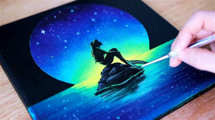 Moonlight Mermaid Black Canvas Painting