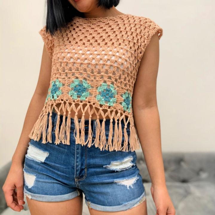 Boho Style Crochet Crop Top With Fringe