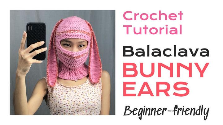 Pink bunny balaclava crochet Fluffy balaclava with bunny ear