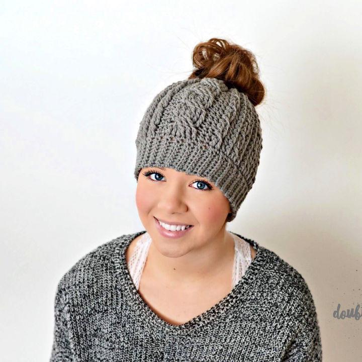 Crochet Cabled Messy Bun Beanie Pattern