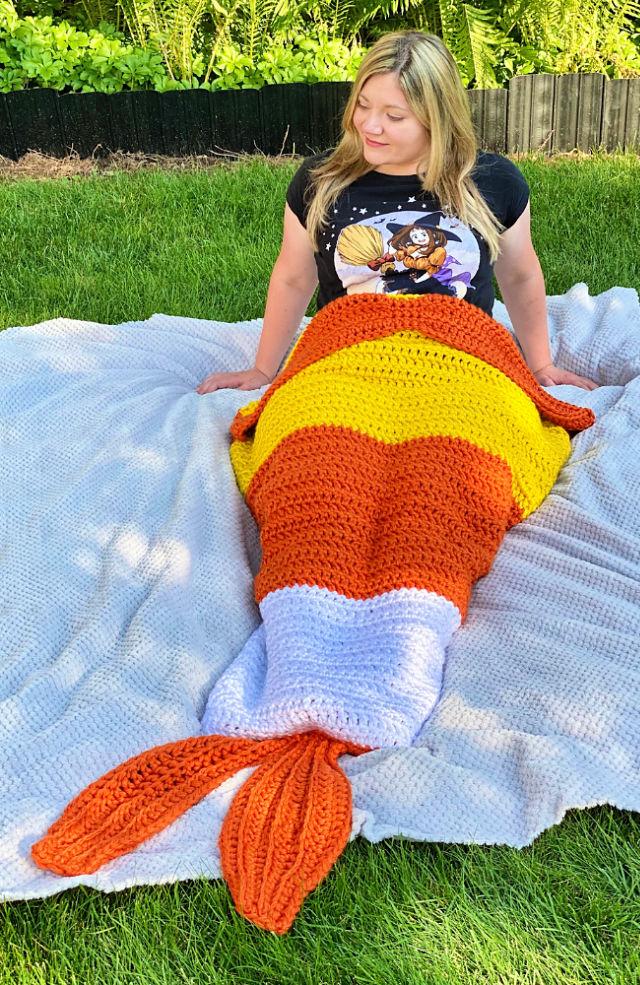 Crochet Candy Corn Mermaid Tail Blanket for Adults