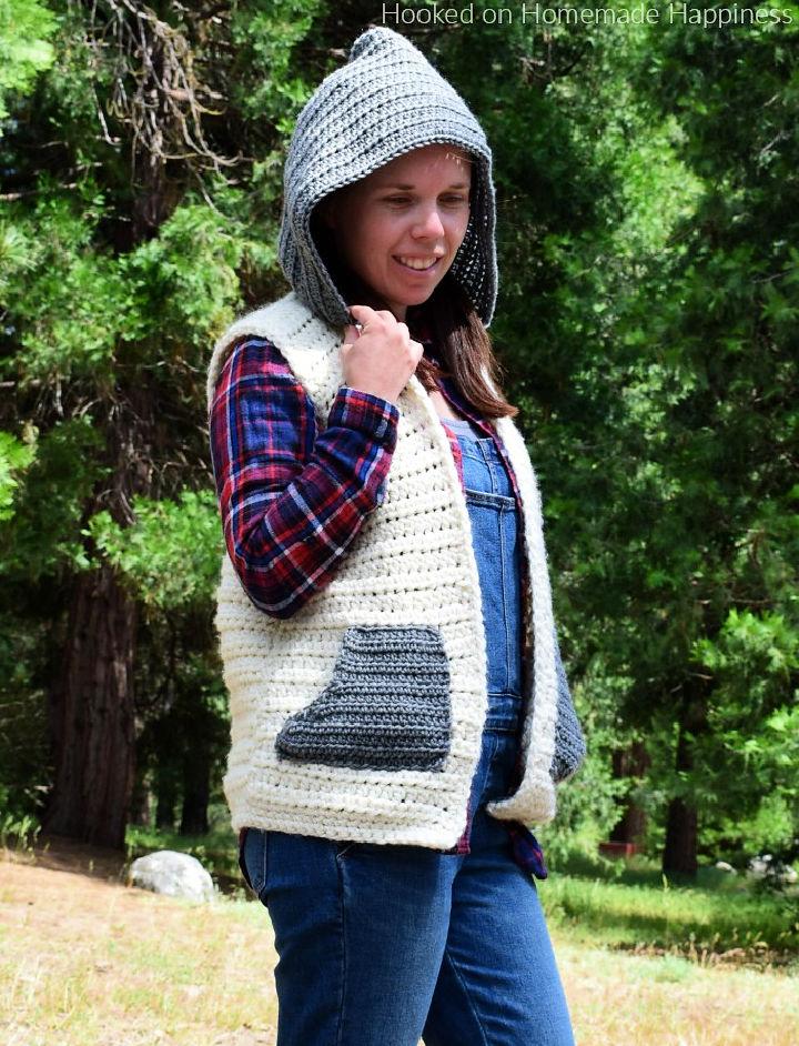Crochet Hooded Sweater Vest Pattern With Pockets