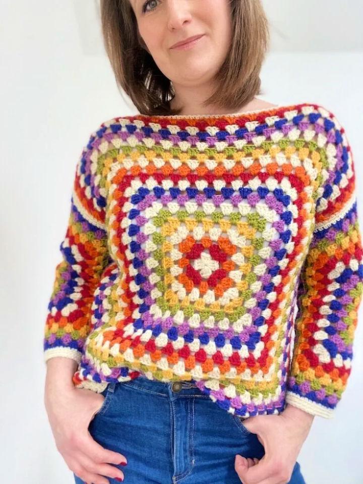 Crochet Rainbow Granny Square Sweater Pattern for Beginners