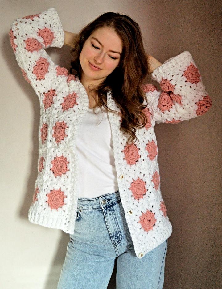 Crochet Rose Flower Granny Square Cardigan Pattern