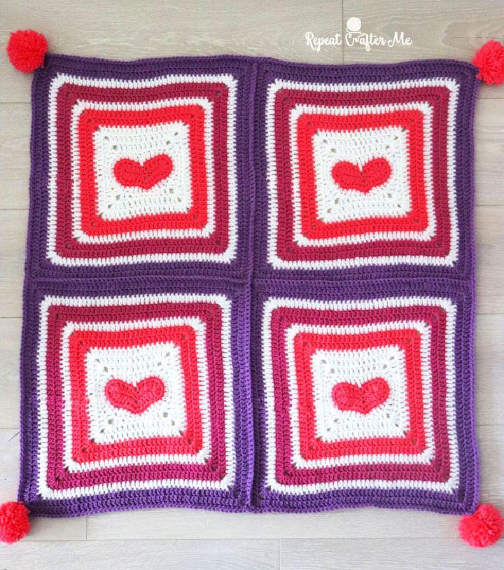 Crocheted Heart Granny Square Blanket Pattern