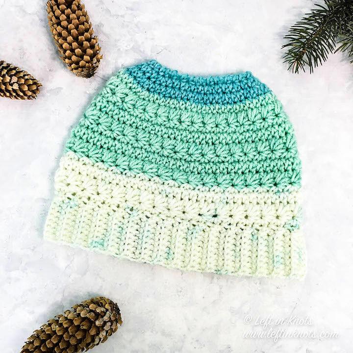 Crocheted Snow Drops Messy Bun Hat Free Pattern
