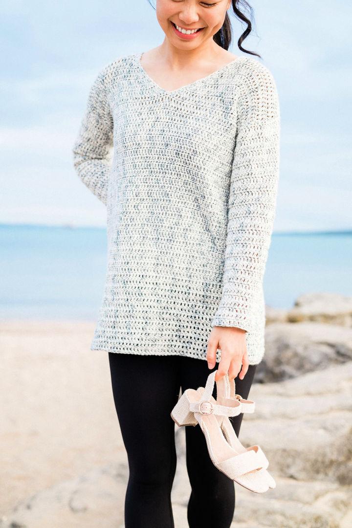 Double Stitch Crochet V Neck Ocean Breeze Sweater