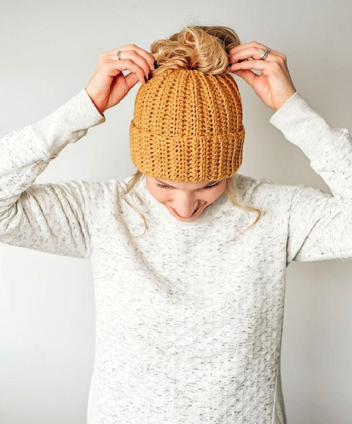 Easy Crochet Breezy Messy Bun Hat Pattern With Elastic