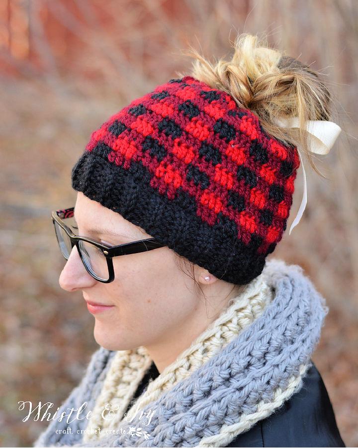 How to Crochet Plaid Messy Bun Hat Free Pattern
