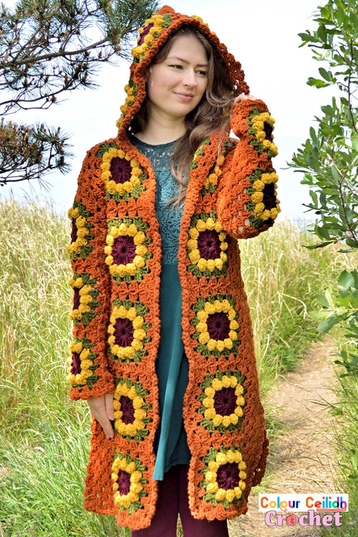 Modern Crochet Sunflower Hooded Granny Square Cardigan Pattern