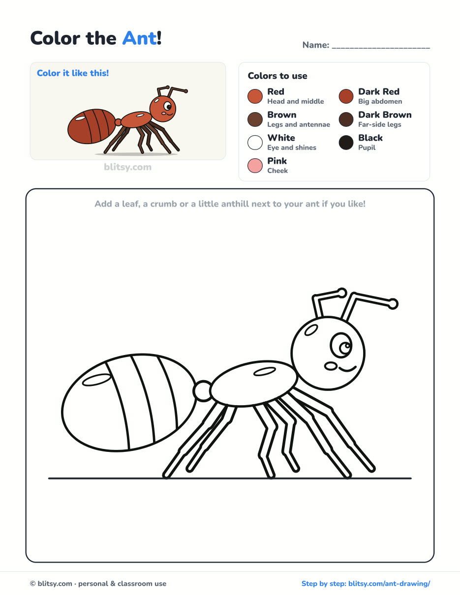 Ant coloring page printable with color key - free PDF download