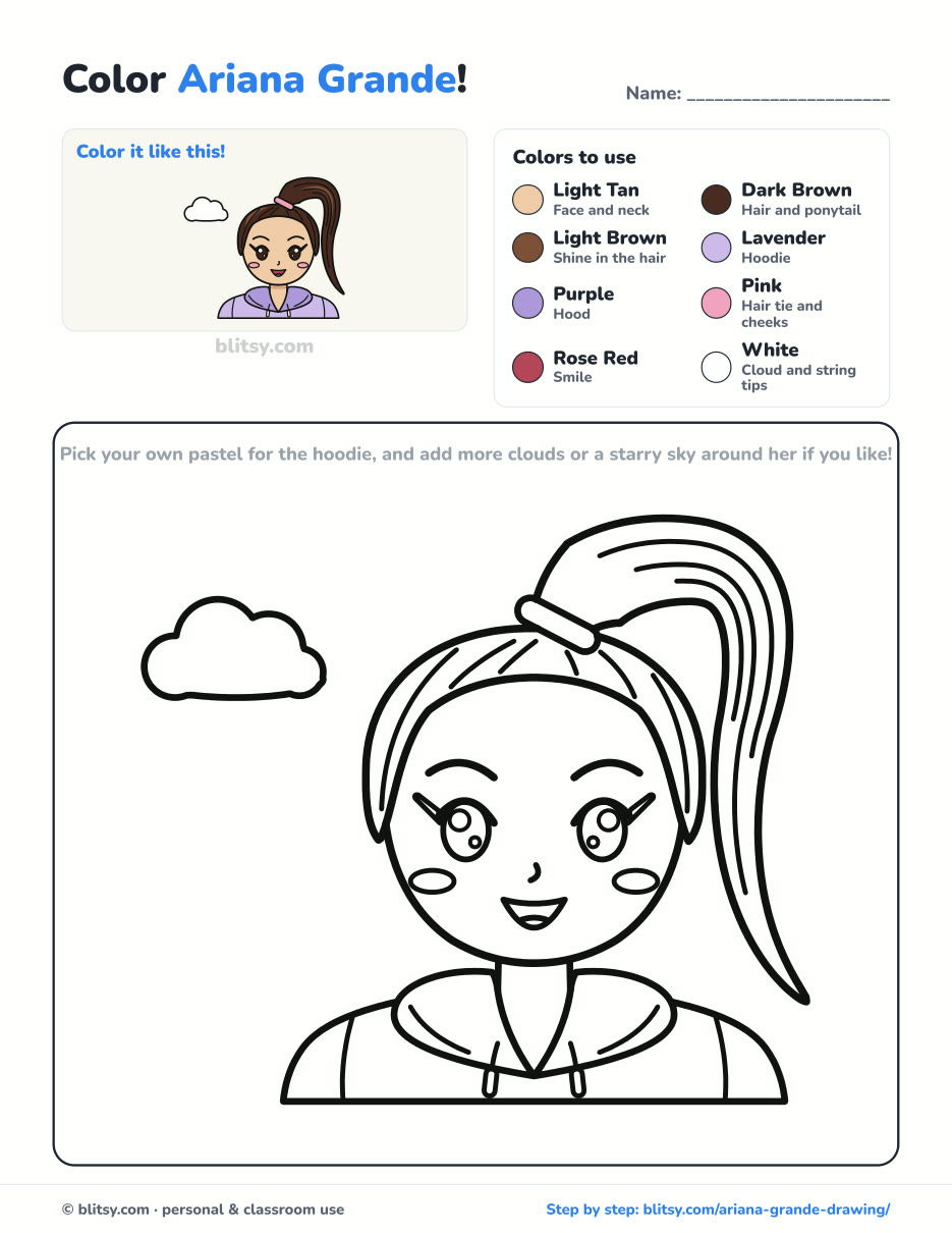 Ariana Grande coloring page printable with color key - free PDF download