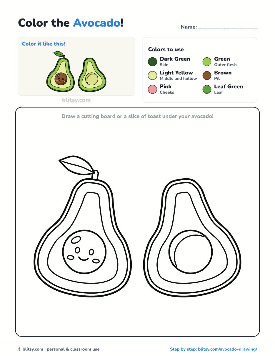 Avocado coloring page printable with color key - free PDF download