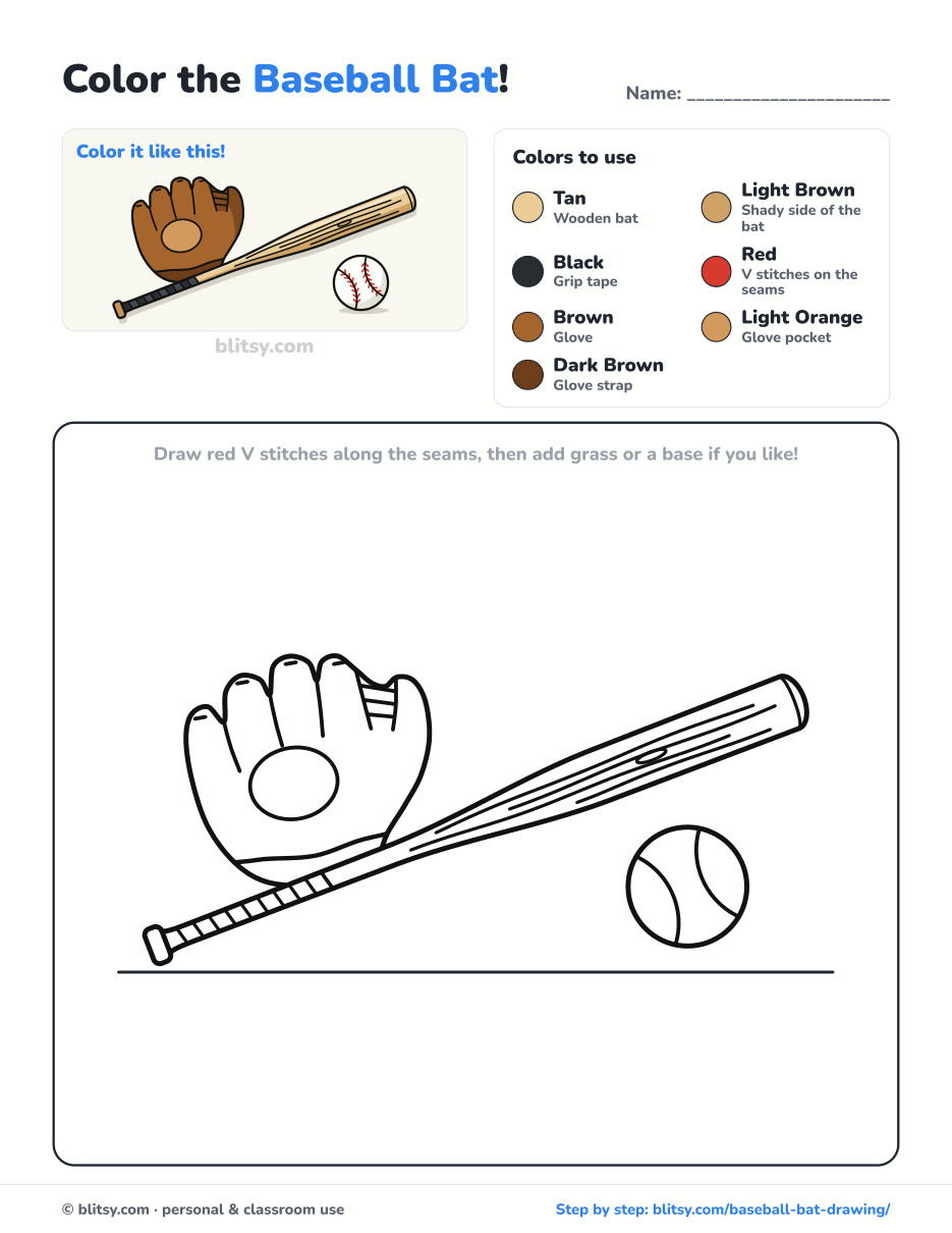 Baseball Bat coloring page printable with color key - free PDF download