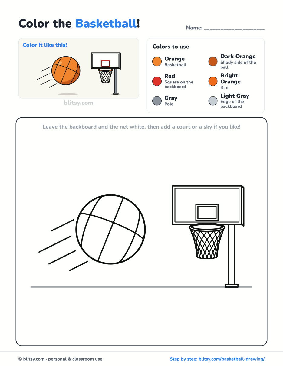 Basketball coloring page printable with color key - free PDF download