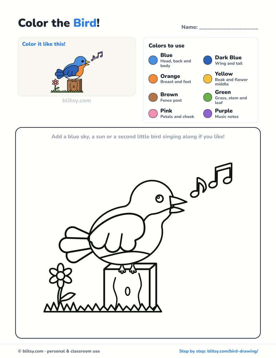 Bird coloring page printable with color key - free PDF download