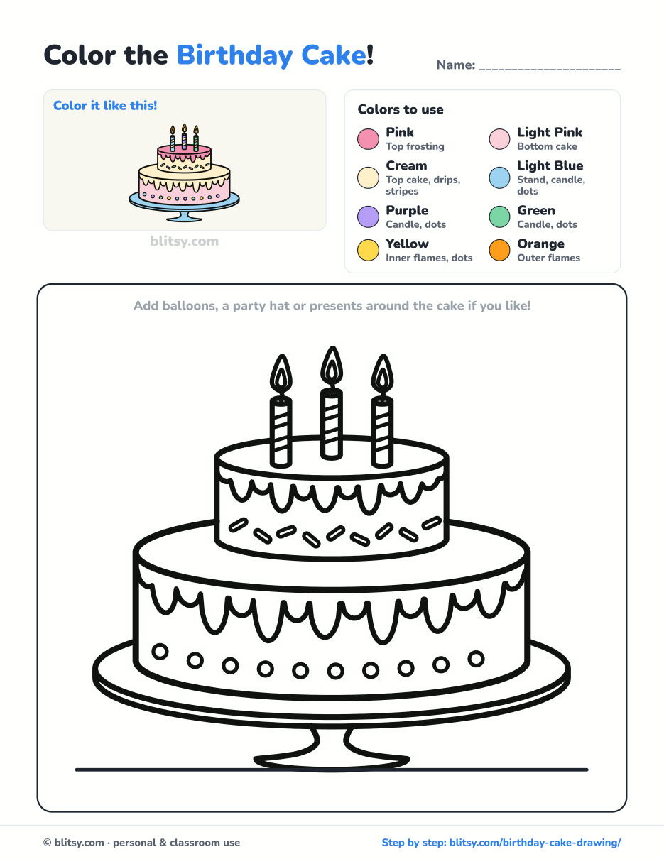Birthday Cake coloring page printable with color key - free PDF download