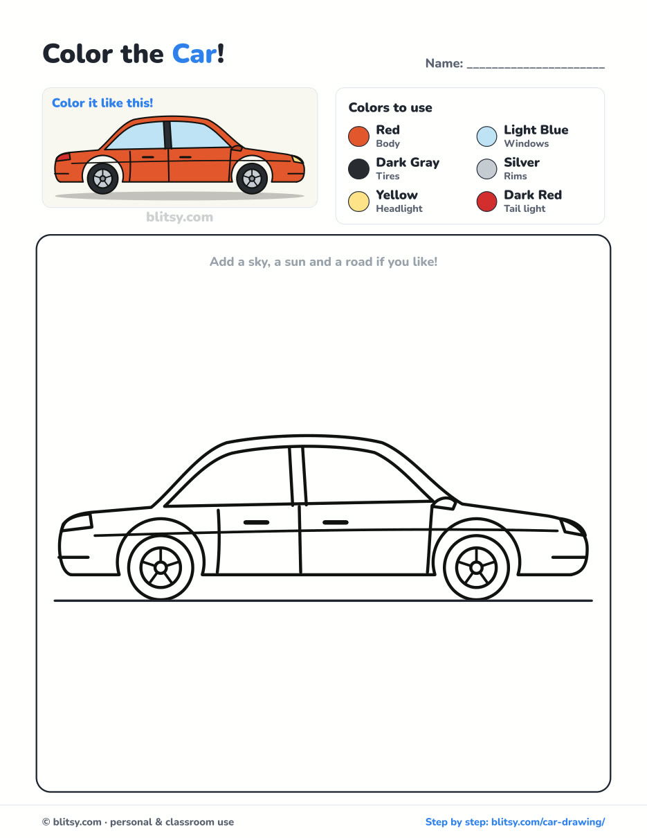 Car coloring page printable with color key - free PDF download