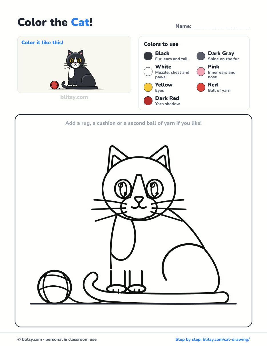 Cat coloring page printable with color key - free PDF download