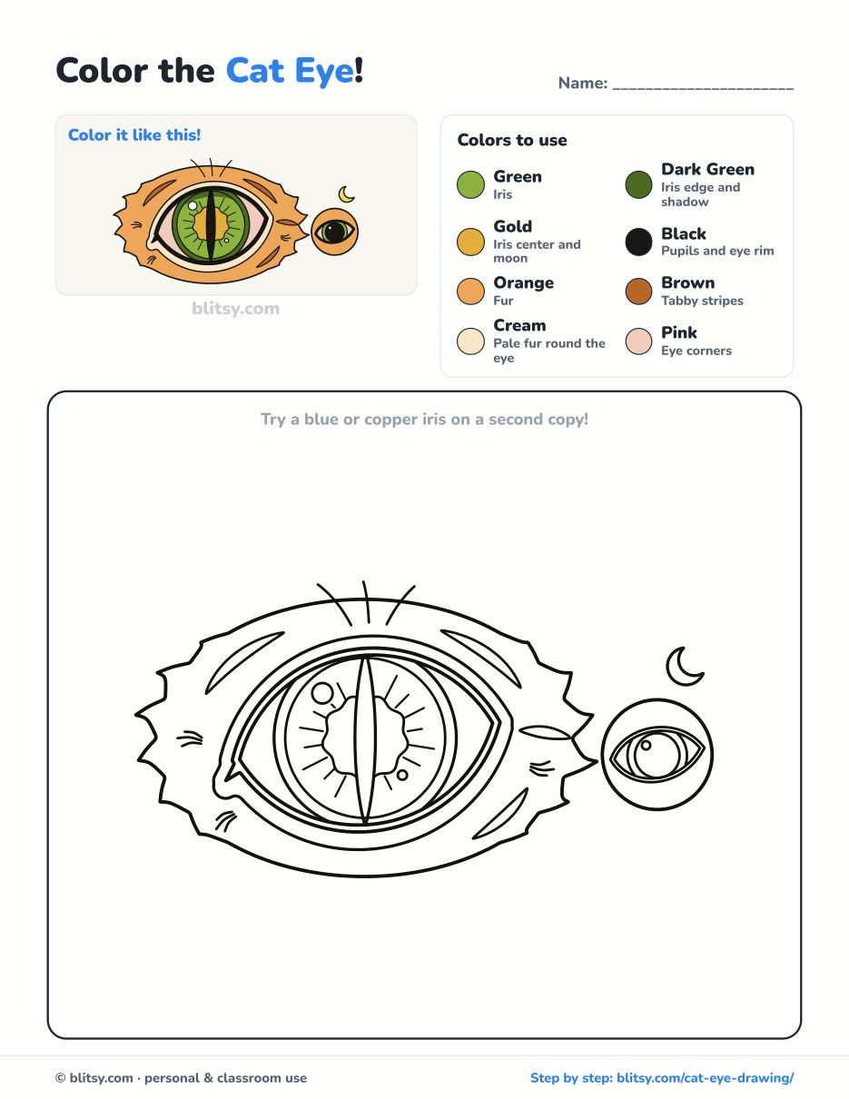 Cat Eye coloring page printable with color key - free PDF download
