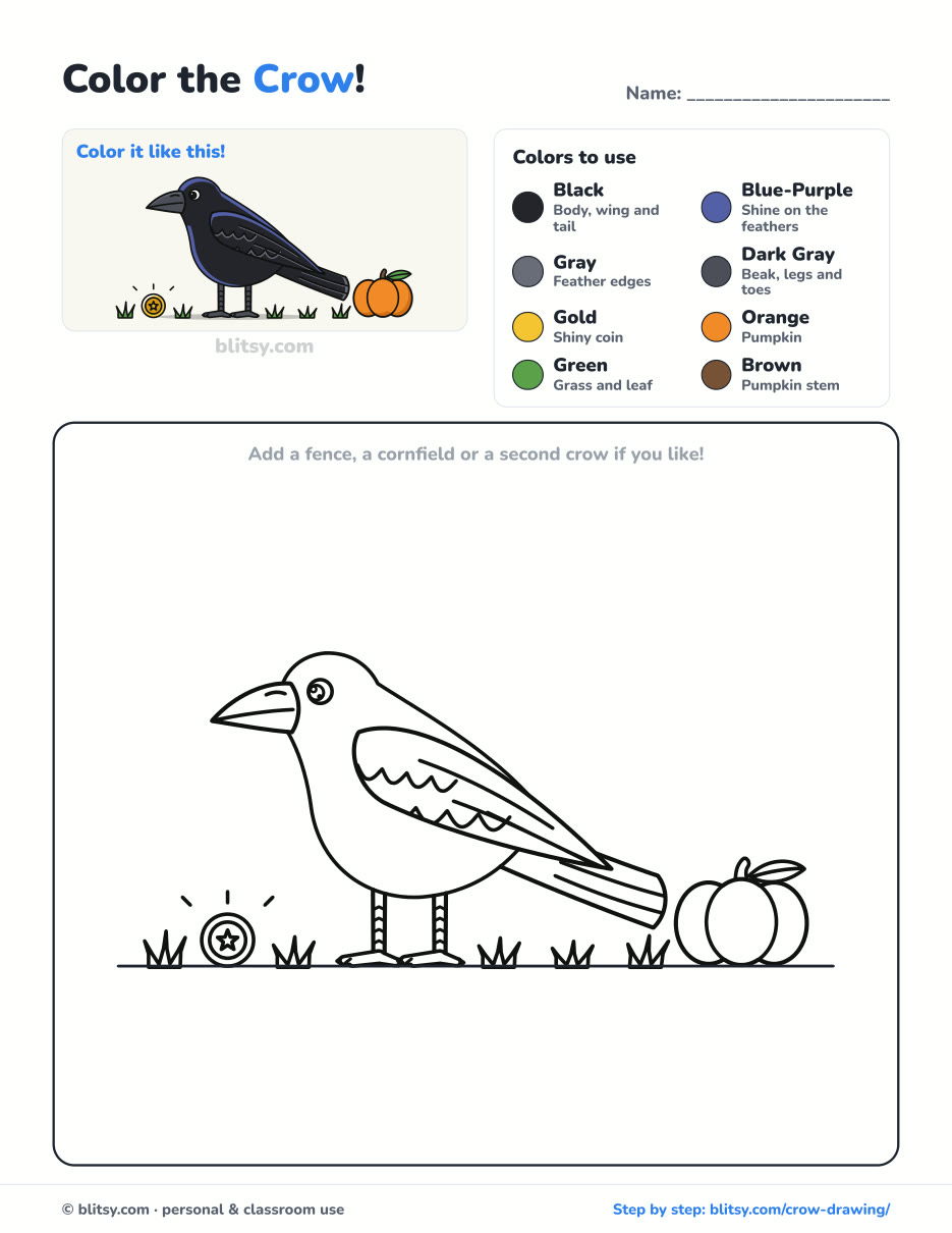Crow coloring page printable with color key - free PDF download