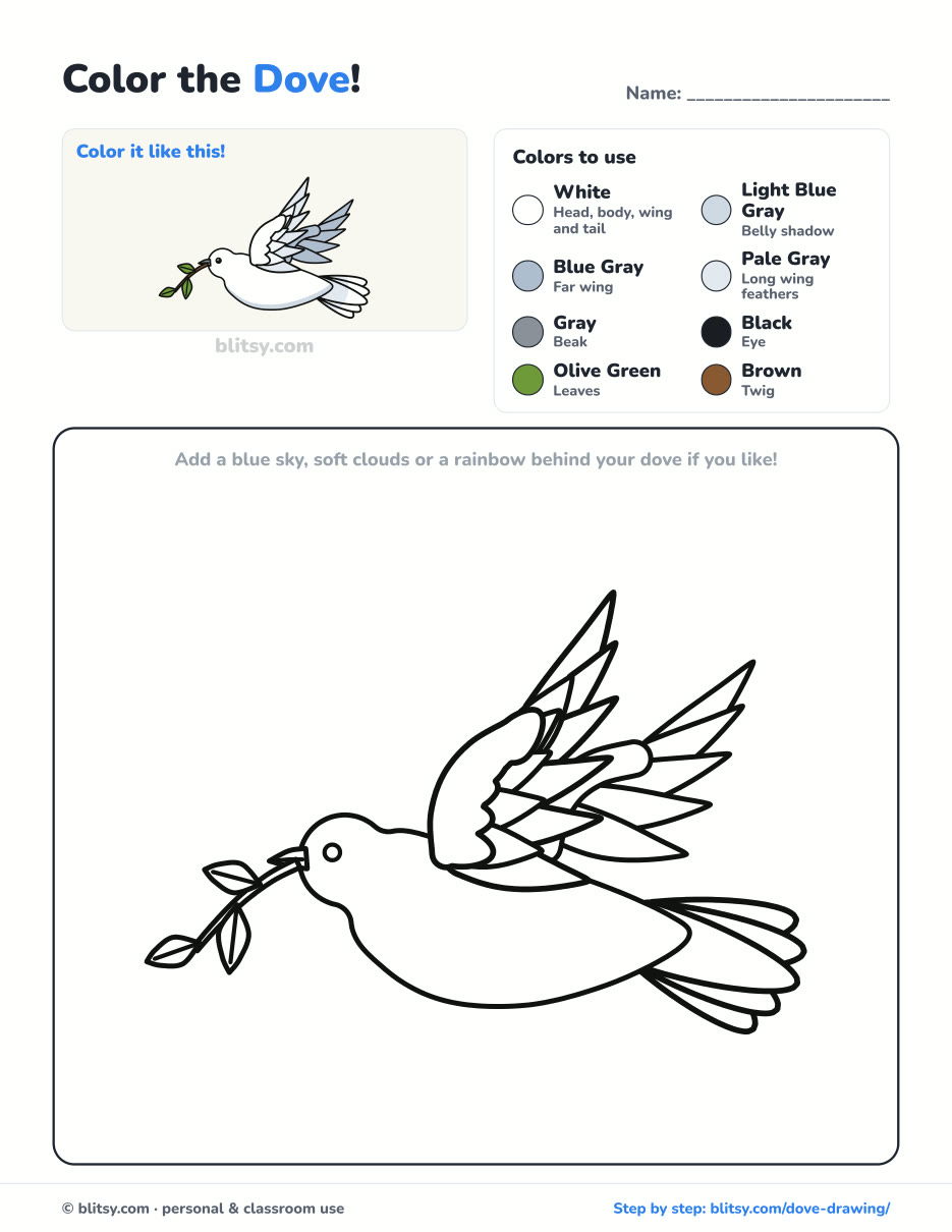Dove coloring page printable with color key - free PDF download
