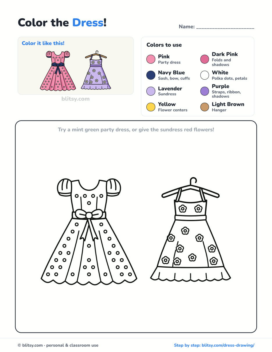 Dress coloring page printable with color key - free PDF download