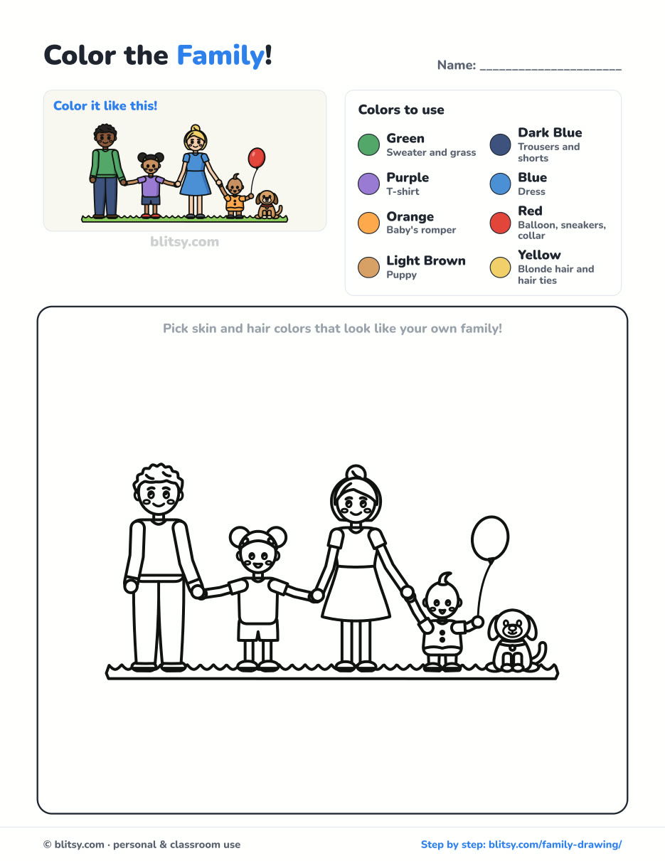 Family coloring page printable with color key - free PDF download