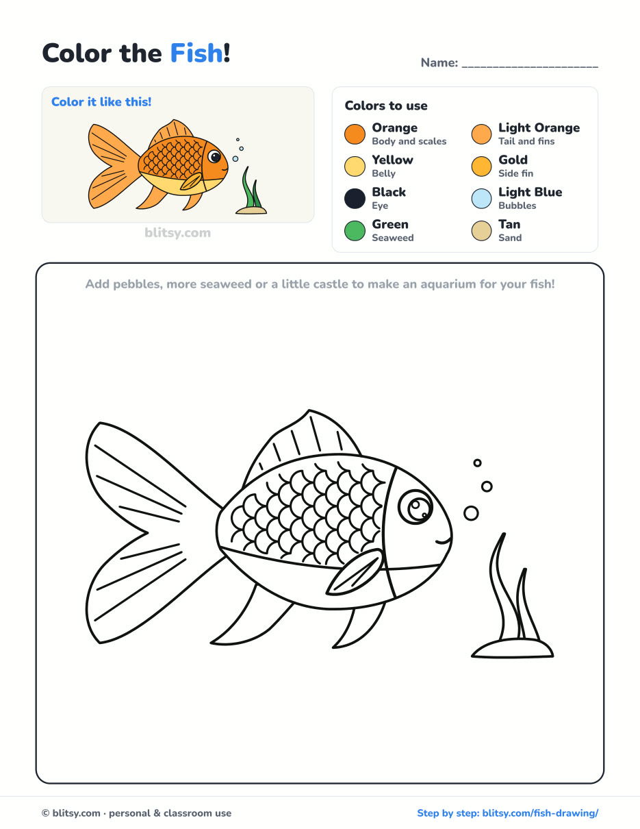Fish coloring page printable with color key - free PDF download
