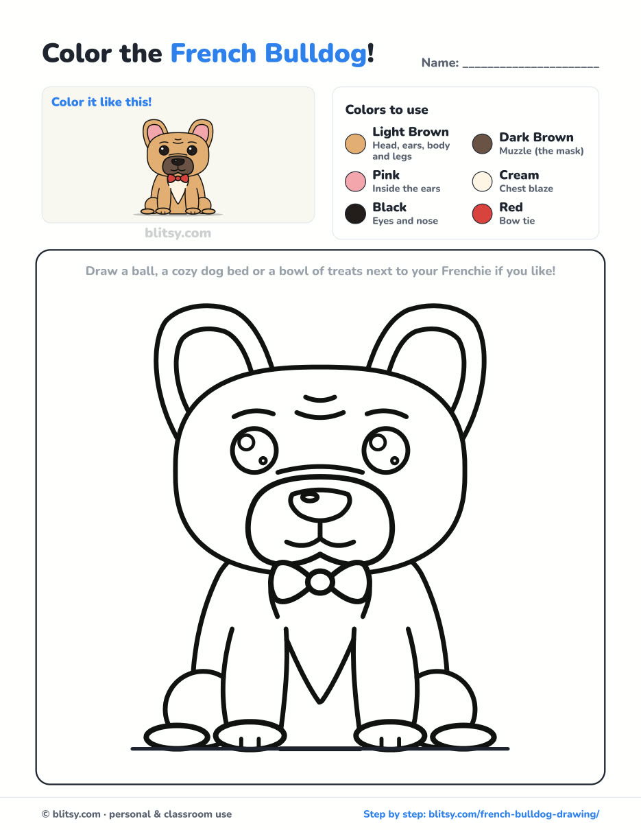 French Bulldog coloring page printable with color key - free PDF download