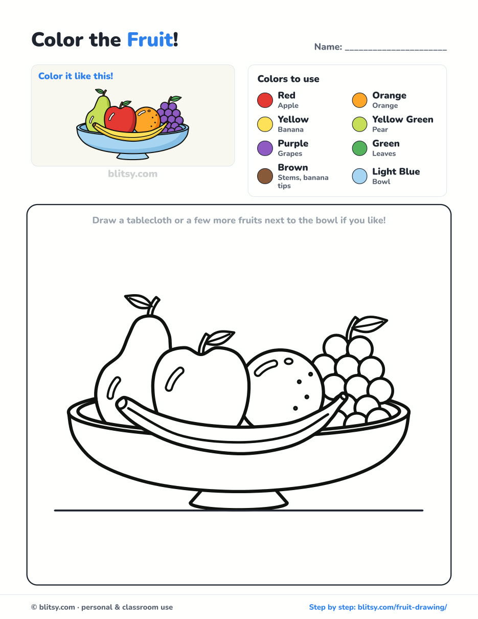 Fruit coloring page printable with color key - free PDF download
