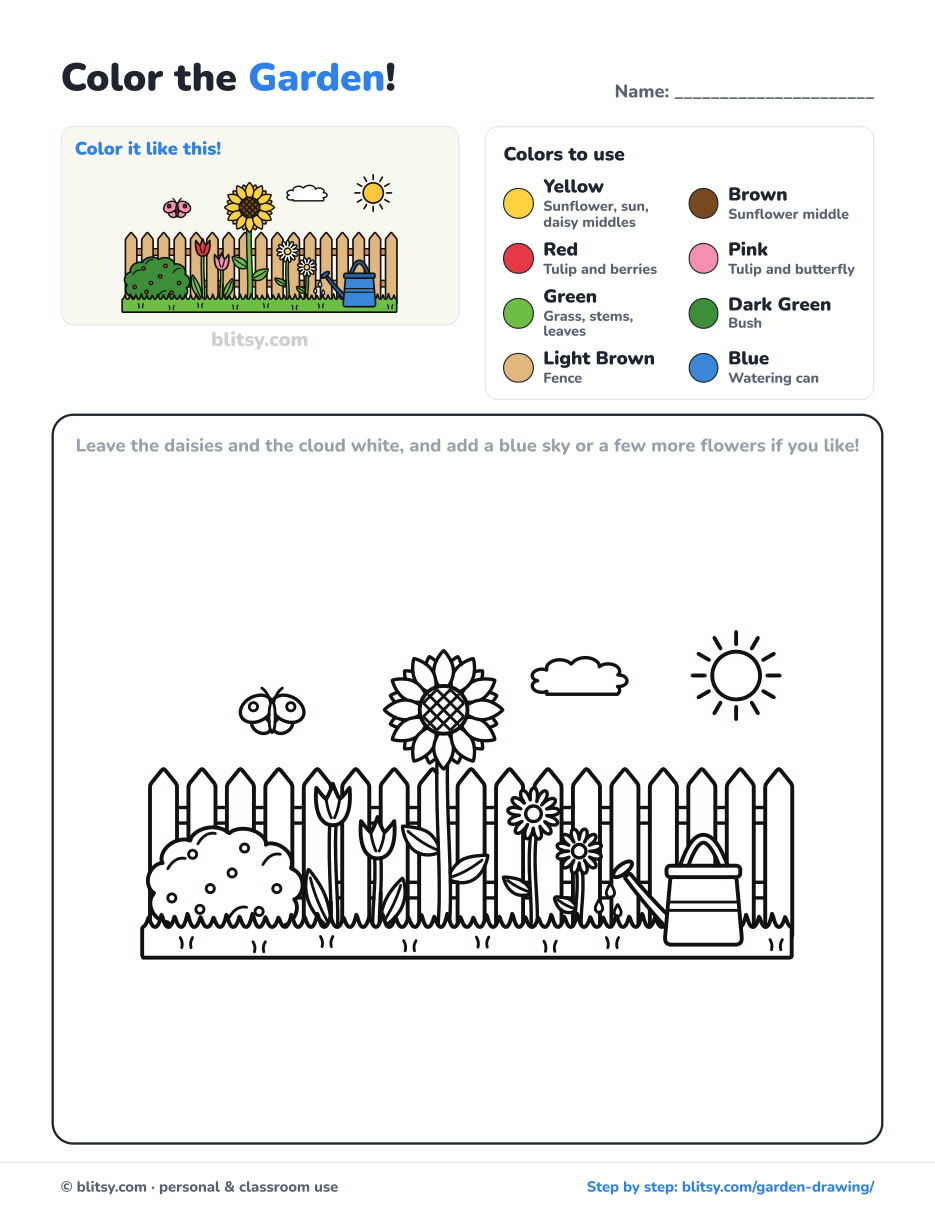 Garden coloring page printable with color key - free PDF download