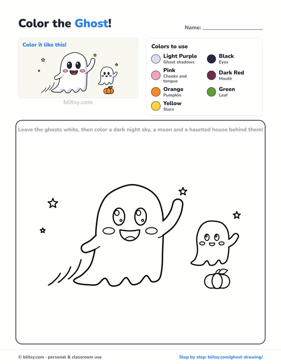 Ghost coloring page printable with color key - free PDF download