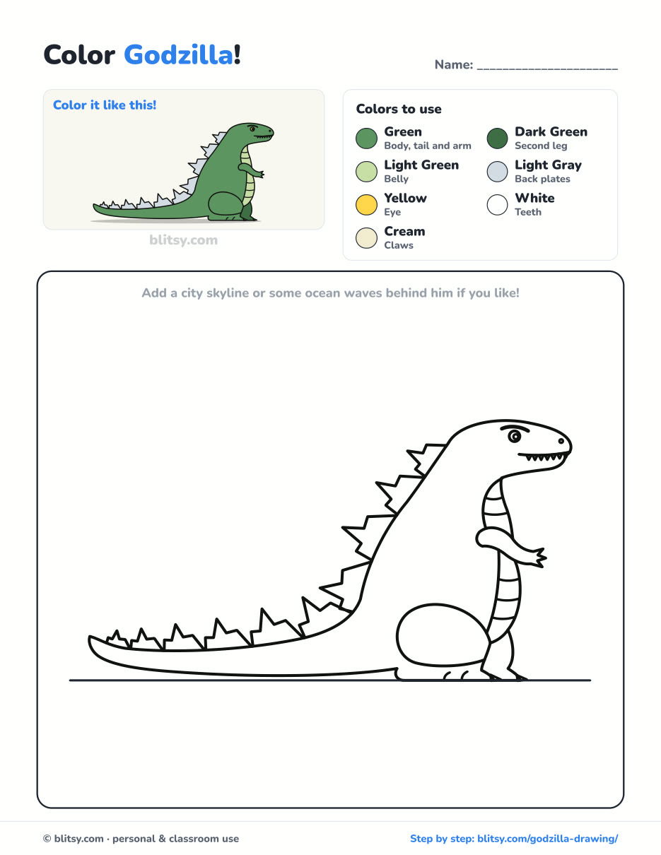 Godzilla coloring page printable with color key - free PDF download